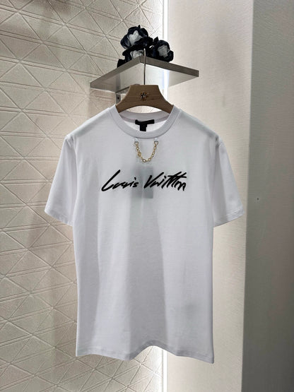 L 25 Round Neck Embroidered Letter Chain Short Sleeve T-Shirt