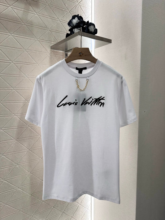 L 25 Round Neck Embroidered Letter Chain Short Sleeve T-Shirt