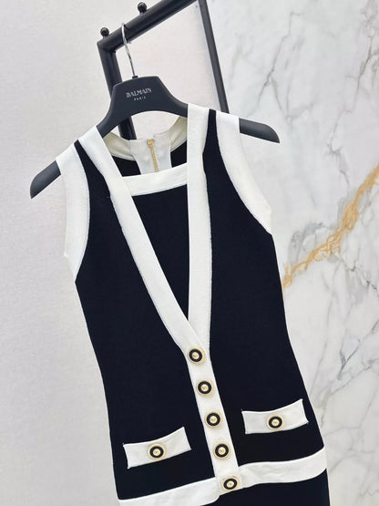 Ba 25 New color clashing buttons waisted knit dress