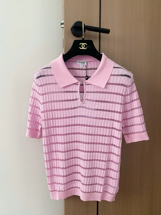 C 25 New Striped Buttoned Lapel Short Sleeve Knit Top(WHITE PINK)