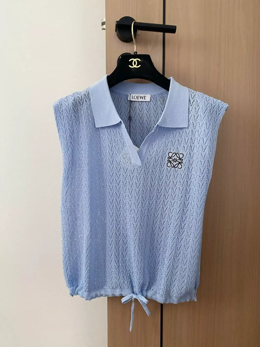 LO 25 New Embroidered Tied Lapel Sleeveless Knit Tank Top