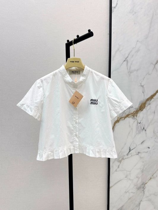 M 25 Spring/Summer Newest Letter Embroidery Small Pressed Ruffle Trimmed Short Shirt