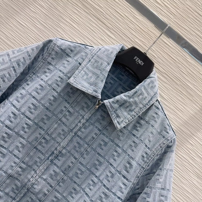 F 25 New Lettered Jacquard Zipper Lapel Short Sleeve Denim Jacket