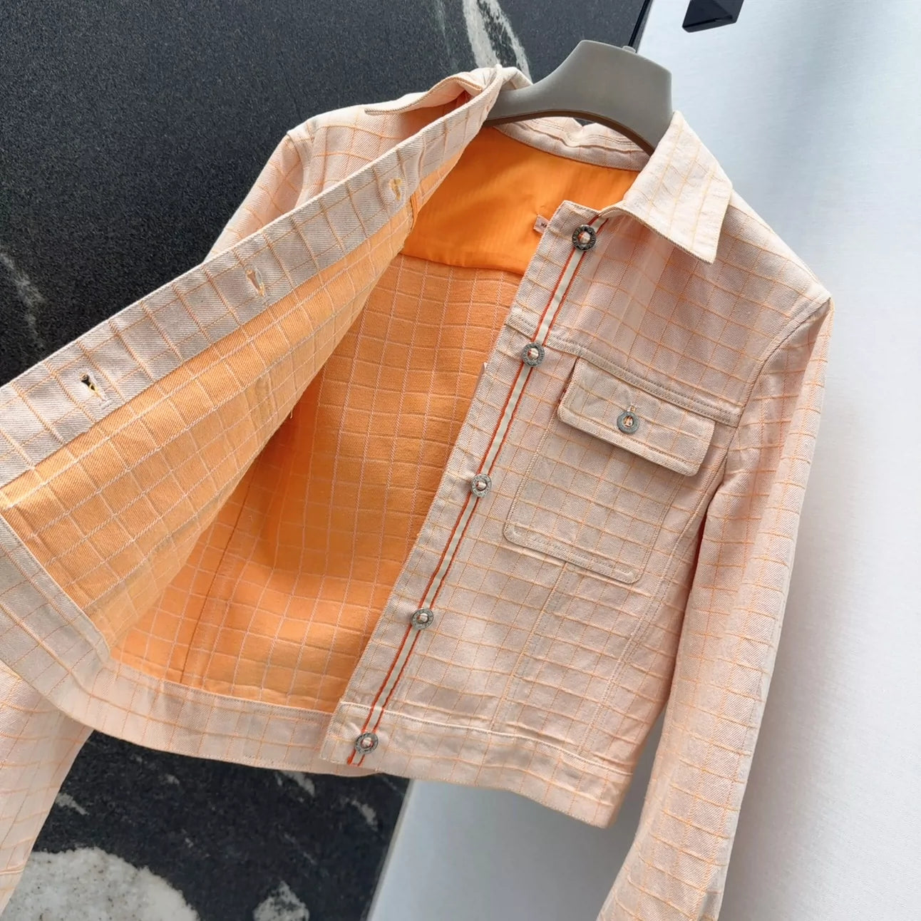 H 25 New Early Fall Classic Plaid Double-Pocket Denim Jacket
