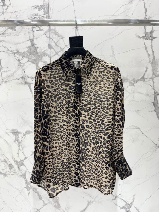 Y 25 New Leopard Print Lightweight Slightly Transparent Lapel Long Sleeve Shirt