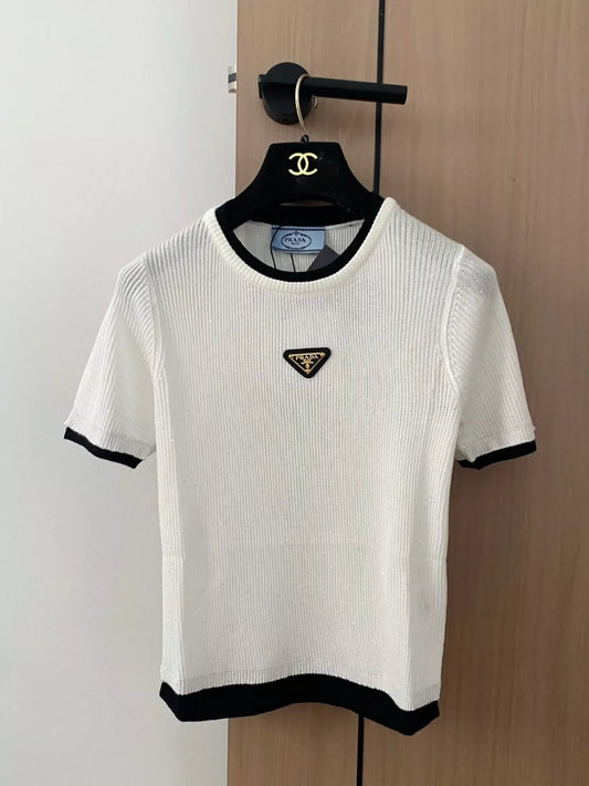 P 25 New Color Block Triangle Label Crew Neck Short Sleeve Knit Top