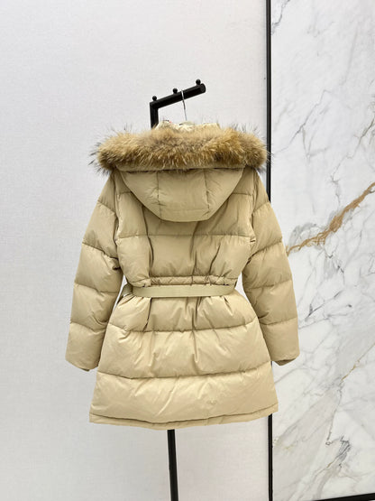 Bru 25 Waist waistband long down jacket ，raccoon fur collar(BLACK/WHITE/KHAKI)