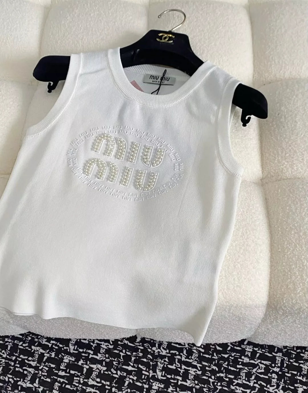 M 25 New Studded monogrammed logo round neck sleeveless knit tops