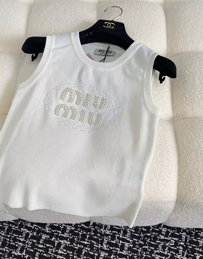 M 25 New Studded monogrammed logo round neck sleeveless knit tops