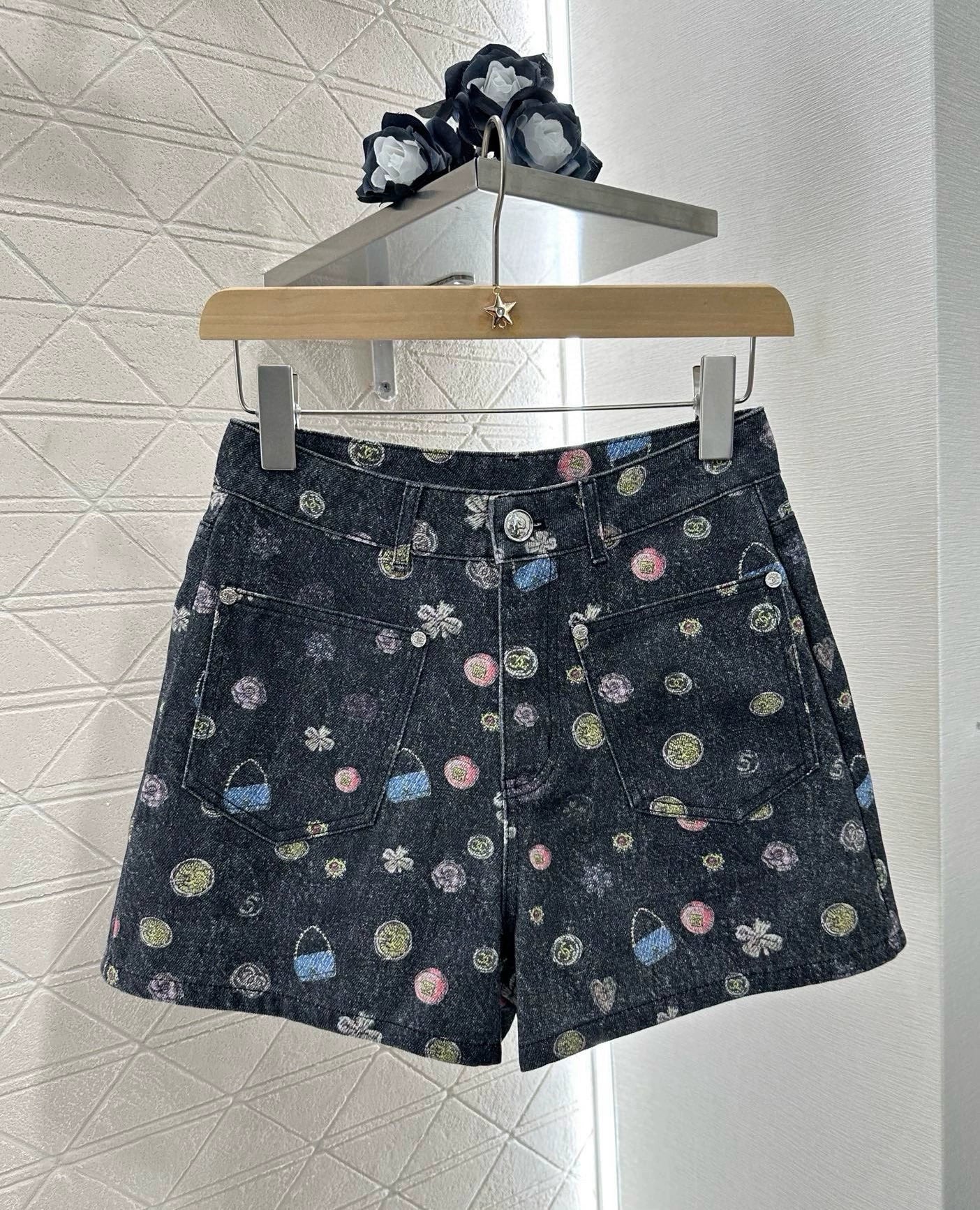 C 25 NEW Printed Colorful Denim Vest Shorts Set