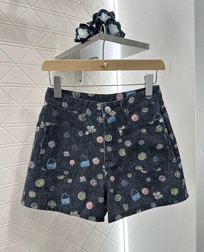 C 25 NEW Printed Colorful Denim Vest Shorts Set