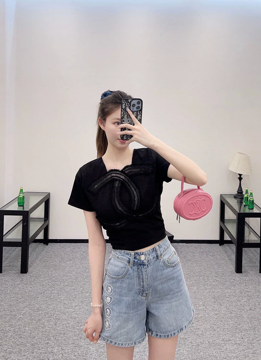 C 25 High waist washed denim shorts