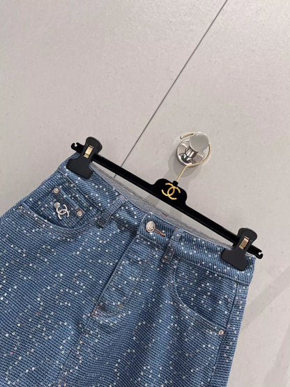 Spring/Summer New Heavy duty sequin denim half skirt