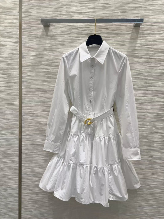 L 25 New Belted Single Breasted Lapel Long Sleeve Dress (Black & White)