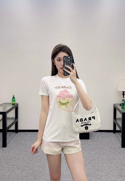 C 25 New Bubble Rhinestone Cake Round Neck Short-Sleeved T-shirt