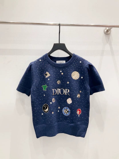 D 25 New Heavy-duty Hot Diamond Letters Planet Pattern Round Neck Short Sleeve (White/Blue/Gray)