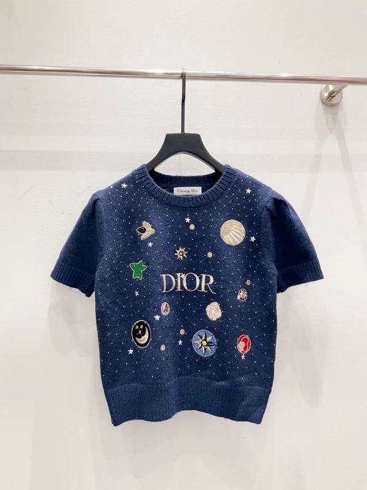 D 25 New Heavy-duty Hot Diamond Letters Planet Pattern Round Neck Short Sleeve (White/Blue/Gray)