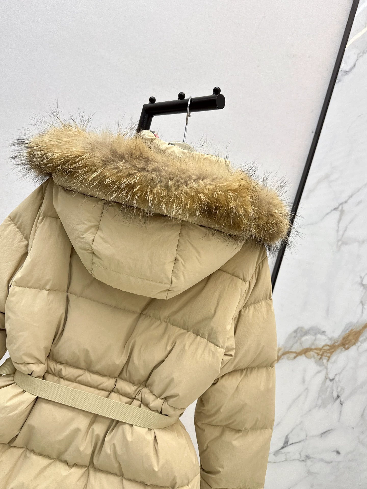Bru 25 Waist waistband long down jacket ，raccoon fur collar(BLACK/WHITE/KHAKI)