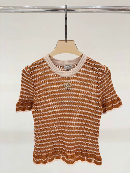 C 25 Summer New Round Neck Letter Logo Diamonds Logo Hollow Out Casual Knit Short Sleeve