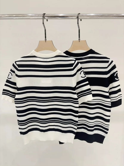 C 25 Summer New Black and White Striped Letter Logo Jacquard Knitted Short Sleeves