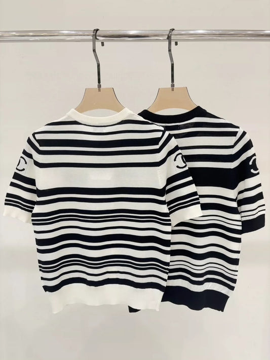 C 25 Summer New Black and White Striped Letter Logo Jacquard Knitted Short Sleeves