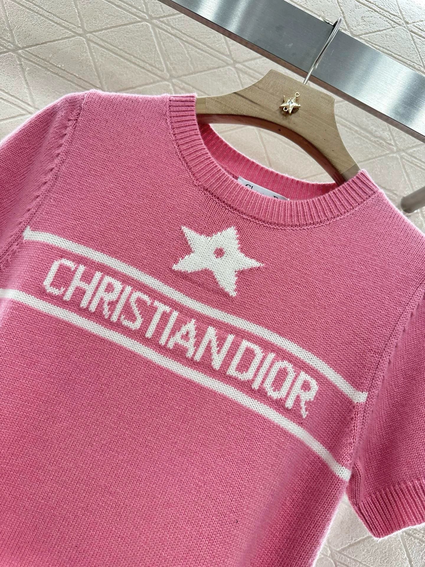 D 25 Star Knit Short Sleeve Top(Blue pink)