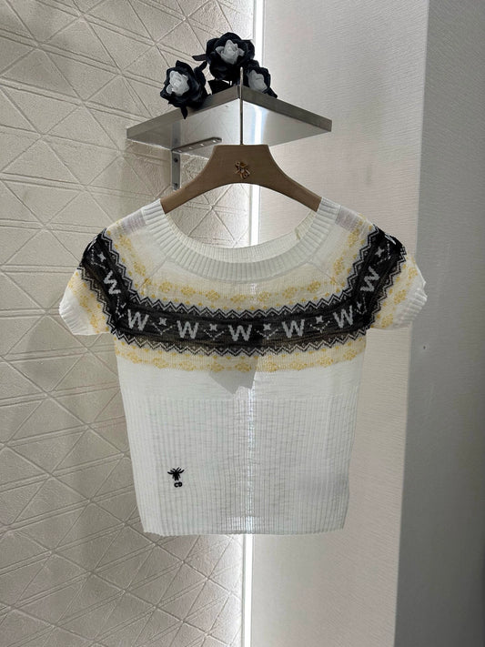 D 25 Fair Isle Floral Knit Short Sleeve Top