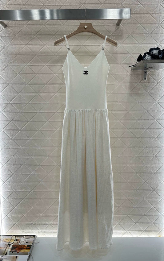 C 25 Knit Patchwork Sling Dress(White black)
