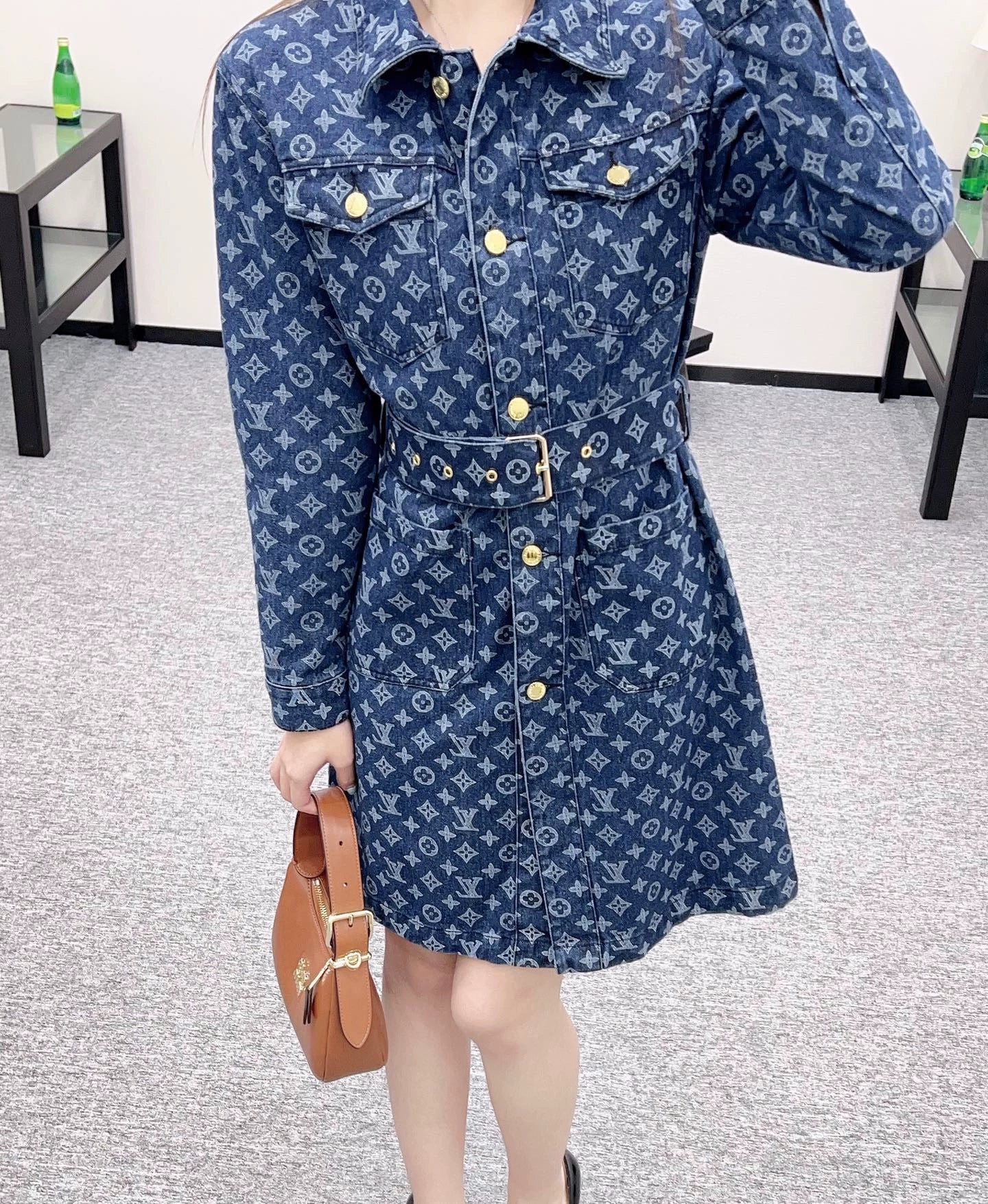 L 25 Jacquard belted denim dress