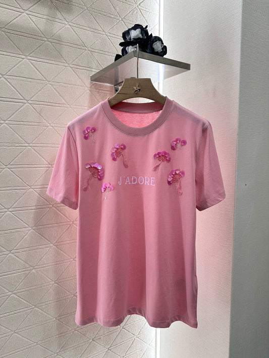 D 25 Heavy Duty Beaded Round Neck Short Sleeve T-Shirt (Black White Pink)