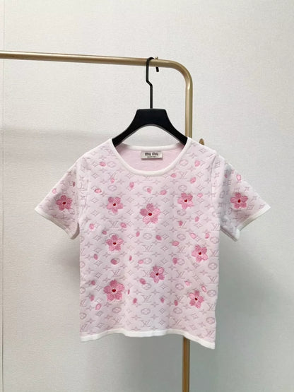 L 25 New Letter Full Print Embossed Flower Embroidery Knit Crew Neck Short Sleeve