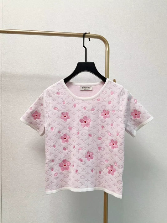 L 25 New Letter Full Print Embossed Flower Embroidery Knit Crew Neck Short Sleeve