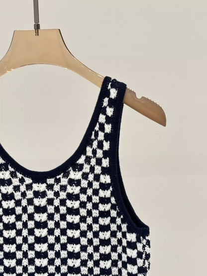 CE 25 Summer new round neck letter logo jacquard plaid contrast color casual knitted dress