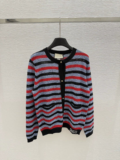 G 25 New Striped Letter Round Neck Long Sleeve Knit Cardigan