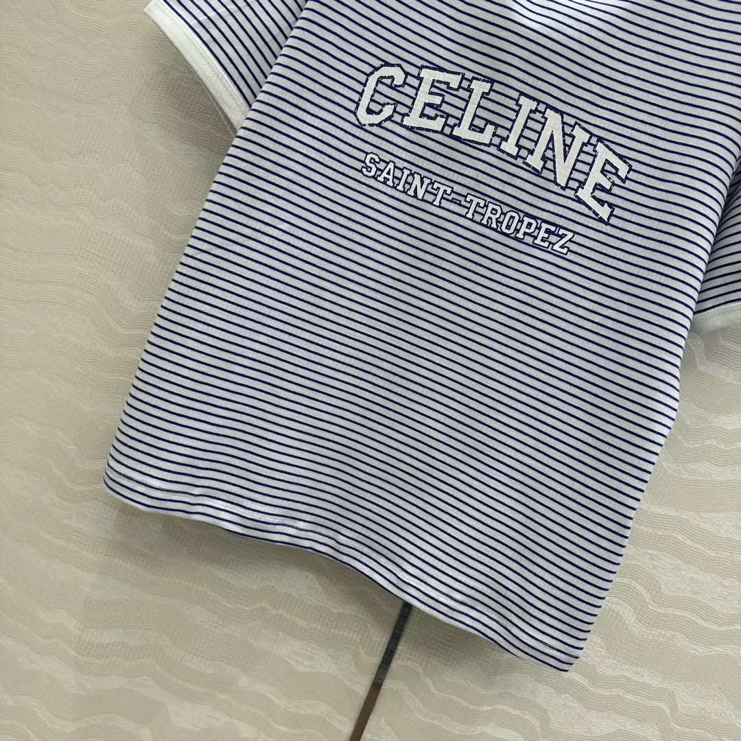 CE 25 College style blue striped cotton letter short-sleeved T-shirt