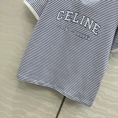 CE 25 College style blue striped cotton letter short-sleeved T-shirt