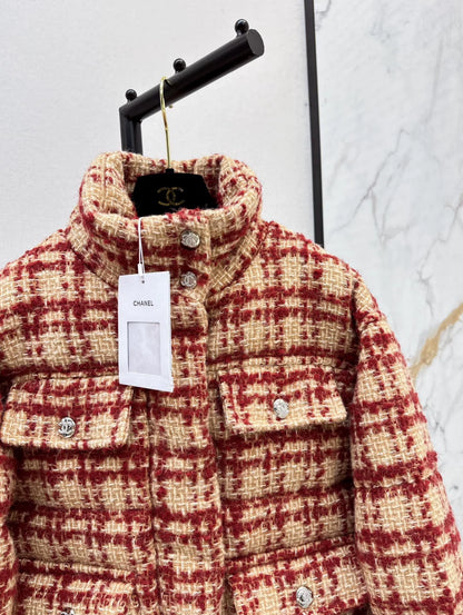 C 25 New fall/winter ski tweed plaid stand-collar down jacket