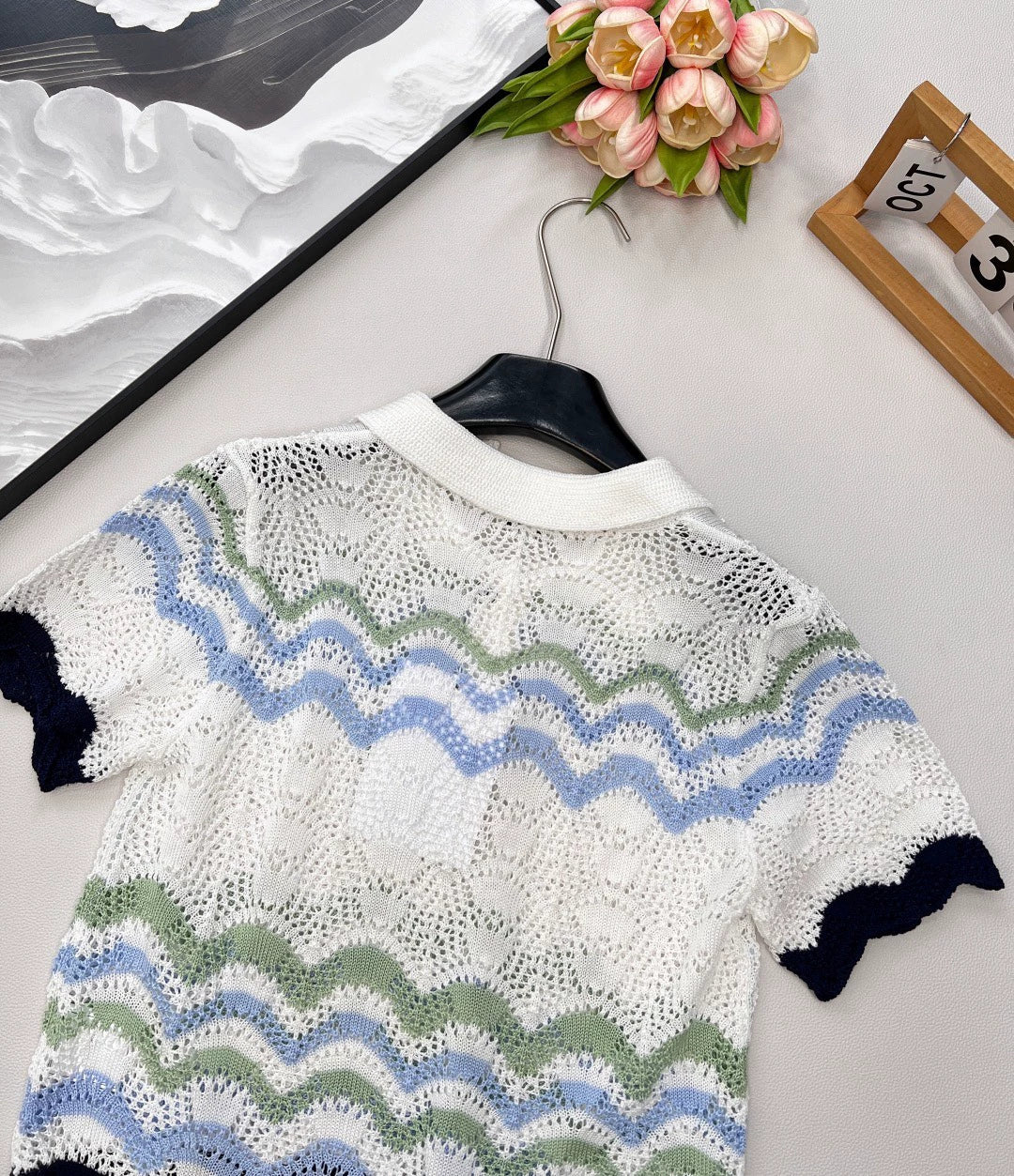 C 25 Summer new lapel stripes hollow letter logo three-dimensional knitted short sleeves