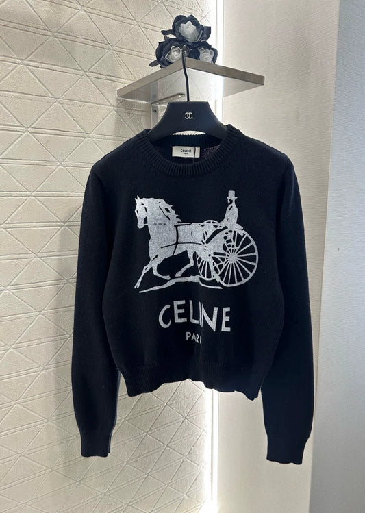 CE 25 Crochet letter carriage knit sweater（Beigei/black）