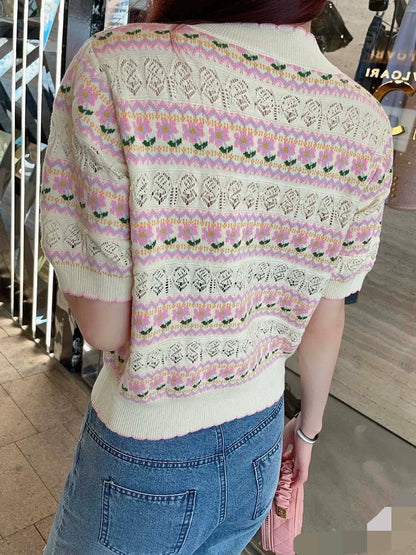 C 25 spring and summer new round neck striped hollow print knit cardigan