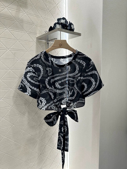 C 25 Printed Lace-Up Short Sleeve Top