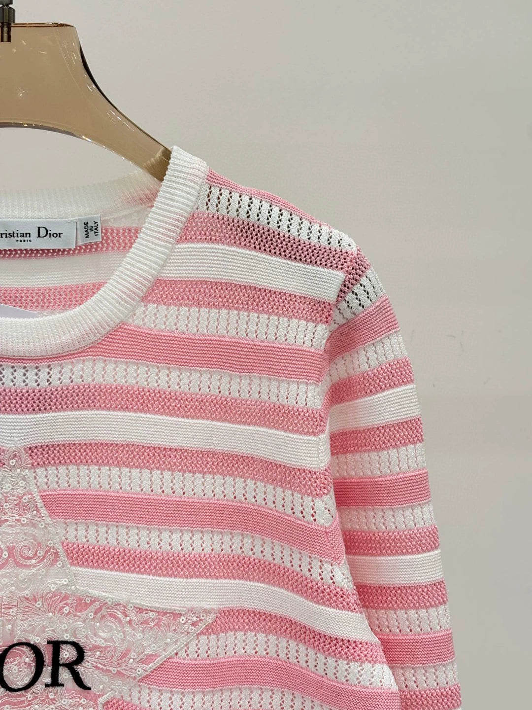 D 25 Spring and Summer New Round Neck Letter Star Embroidery Jacquard Stripe Contrast Color Knitted Long Sleeve