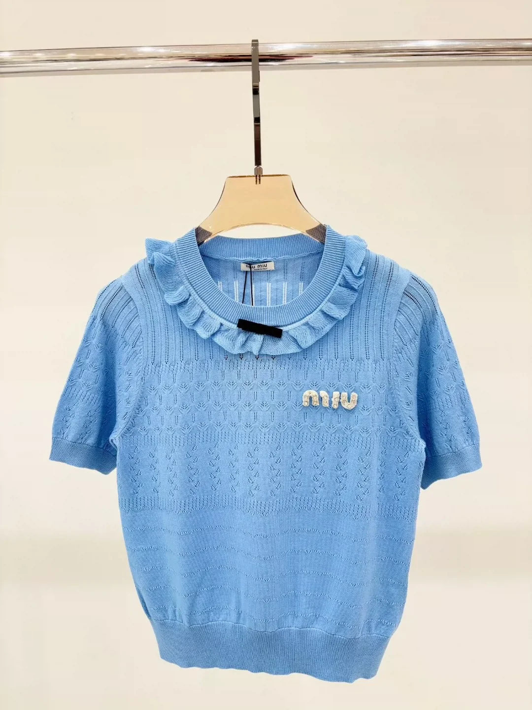 M 25 Early spring new round neck letter logo inlaid diamond ruffles decorative casual knitted short sleeves