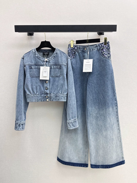 C 25 new round-neck denim jacket and trousers set