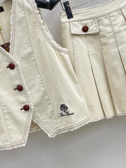 Lor 25 spring and summer new suit Sleeveless V-neck denim vest + age-reducing pressed pleated half skirt