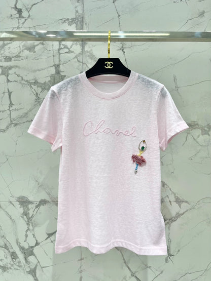 C 25 New Handmade Beaded Dance Cotton Round Neck Short Sleeve T-Shirt