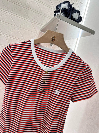 CE 25 Spring and Summer New Half-open Striped Short-sleeved T-shirt
