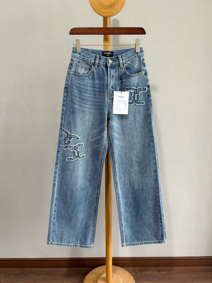 C 25fw Logo patch denim straight-leg pants
