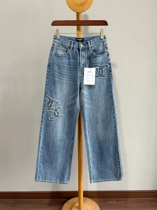 C 25fw Logo patch denim straight-leg pants