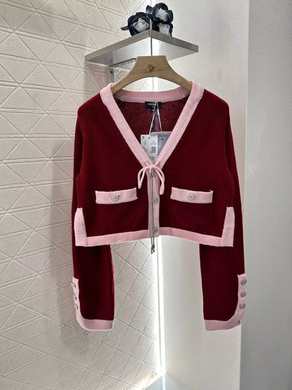 C 25FW pure wool custom-dyed contrast color stitching button cardigan（Red，Blue，Blue2，Pink））
